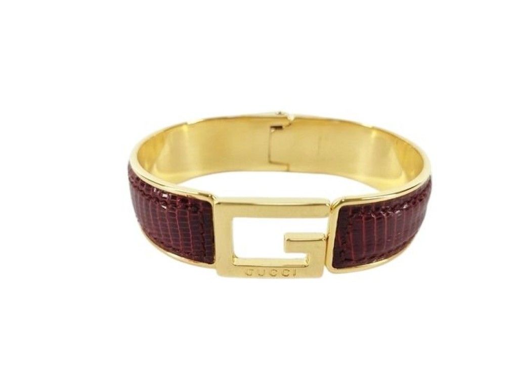 GUCCI グッチ バングル Gロゴ ボルドー ゴールド系 メタル リザード型押しレザー レディース Gモチーフ 美品