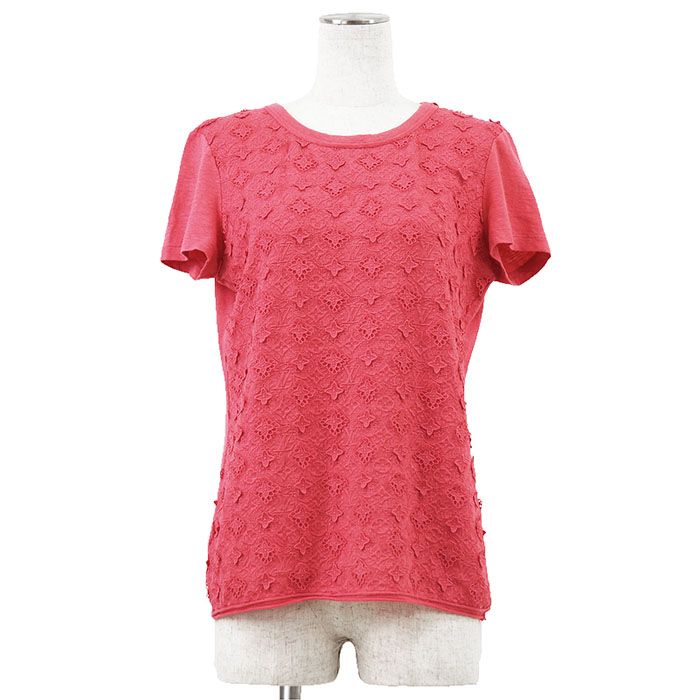 【SALE】LOUIS VUITTON ルイ・ヴィトン Tシャツ リネンブレンド サイズ S レディース LVモノグラム ロゴ エンブロイダリー ショートスリーブ 半袖 カットソー トップス ピンク 桃色 イタリア製
