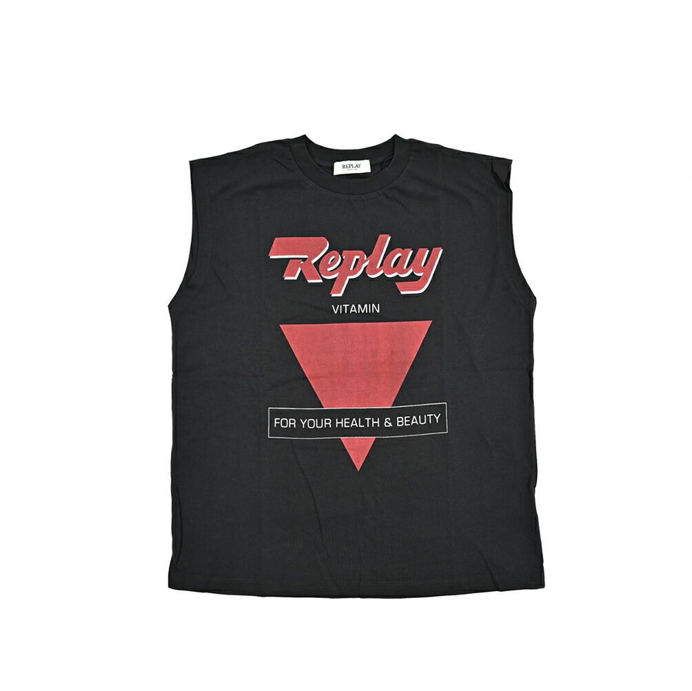 REPLAY リプレイ / ノースリーブ ロゴ Tシャツ カットソー クルーネック ワイドシルエット 春夏 レディース コットン 100% ロゴ ブラック 434885