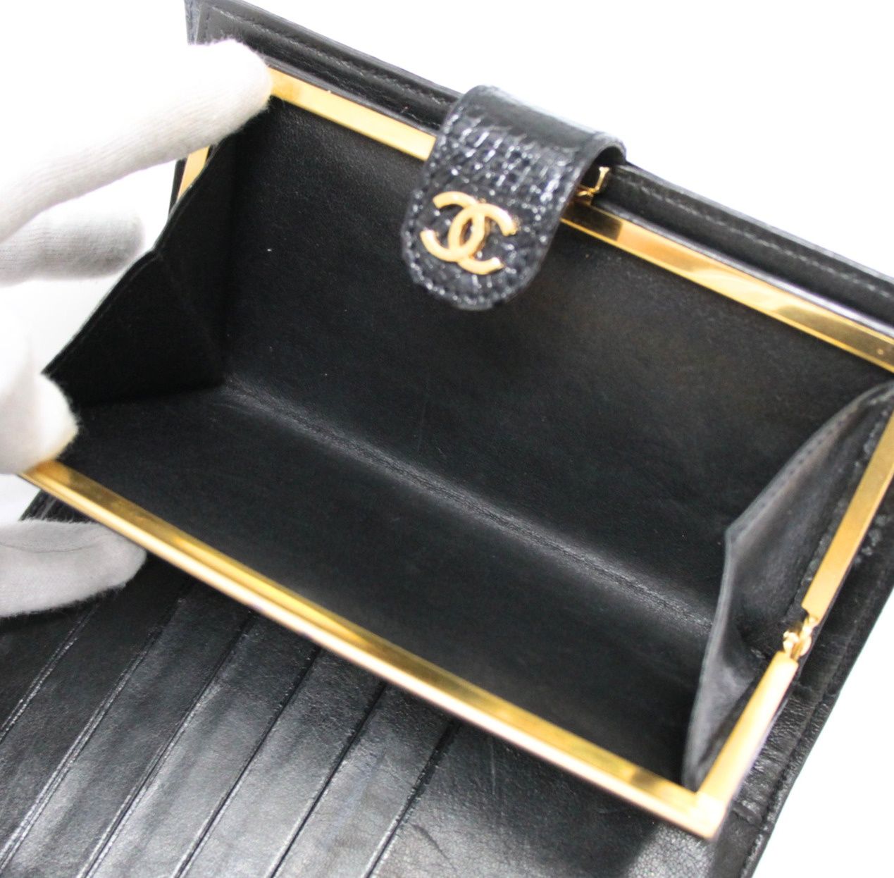 シャネル CHANEL リアルクロコ ココマーク がま口 二つ折り財布