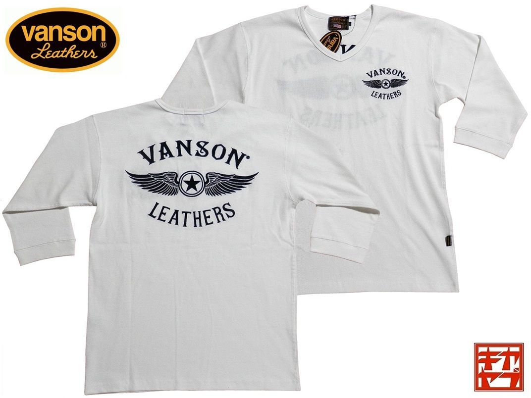 バンソン／vanson／Lサイズ／テレコ6分袖Ｔシャツ／NVST-2410／ホワイト／新品／送料無料／Vネック／バイカー／フライングスター／刺繍