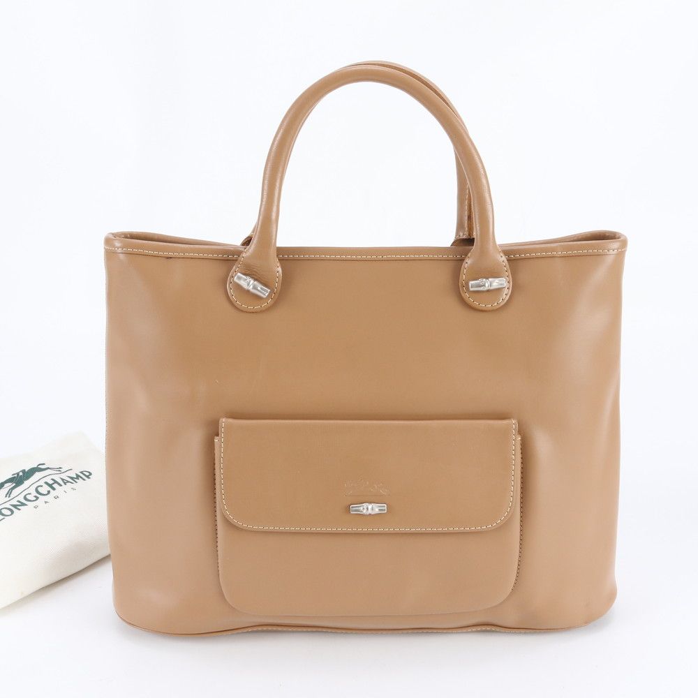 美品 ロンシャン レザー トート バッグ 肩掛け ショルダー ハンド A4 ベージュ シルバー 金具 レディース RBE DW39-9【中古】