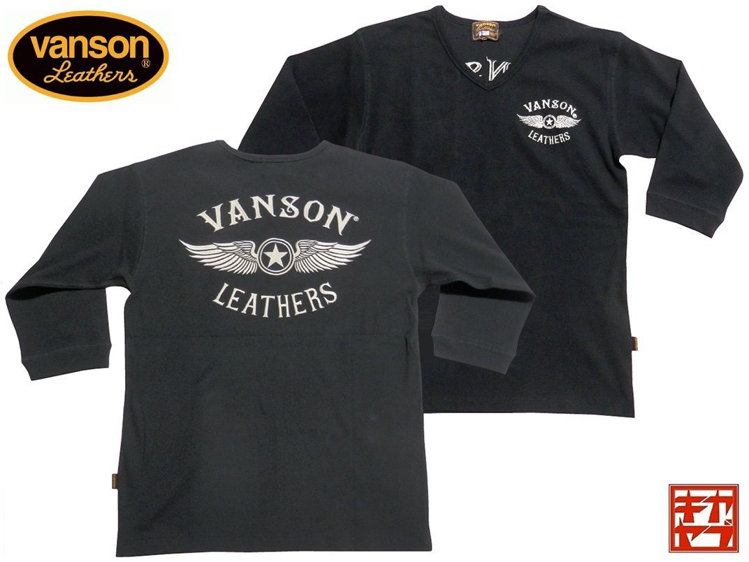 バンソン／vanson／Lサイズ／テレコ6分袖Ｔシャツ／NVST-2410／ブラック／新品／送料無料／Vネック／バイカー／フライングスター／刺繍