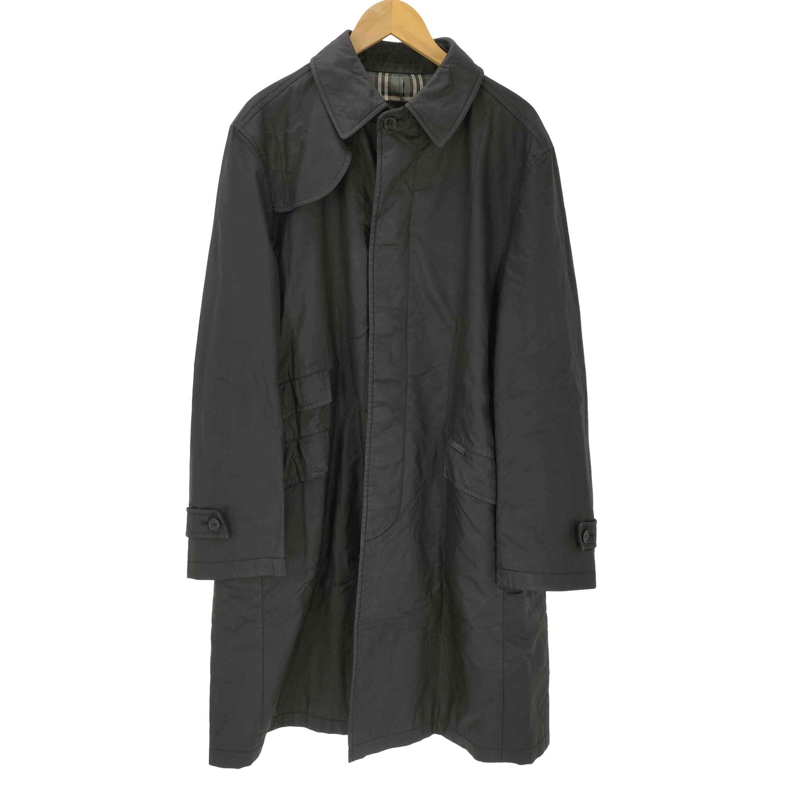 バーバリーブラックレーベル BURBERRY BLACK LABEL Balmacaan Coat 裏地ノバチェック ガンフラップ付き コーティング ブラック バルマカーン ステンカラー コート メンズ import：L