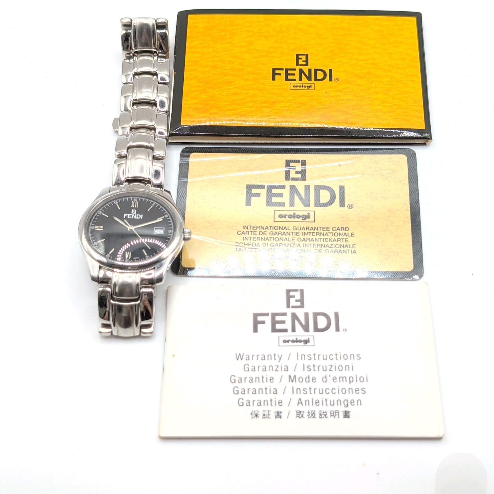 FENDI 210G Watch Quartz Men's Round Silver Black dial Date Y2K 00S