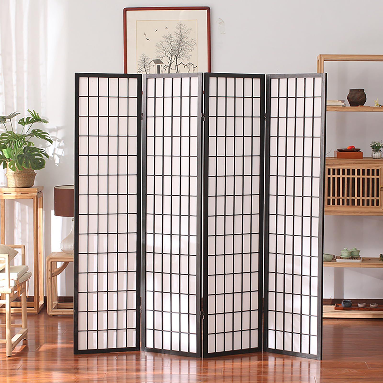 新品 Fuyutu パーテーション 4連 間仕切り 和風衝立 高さ150/178cm スクリーン おしゃれ 完成品 部屋 仕切り 屏風 目隠し 軽量 折りたたみ 飲食店 オフィス 事務所 (黒 高さ150cm)