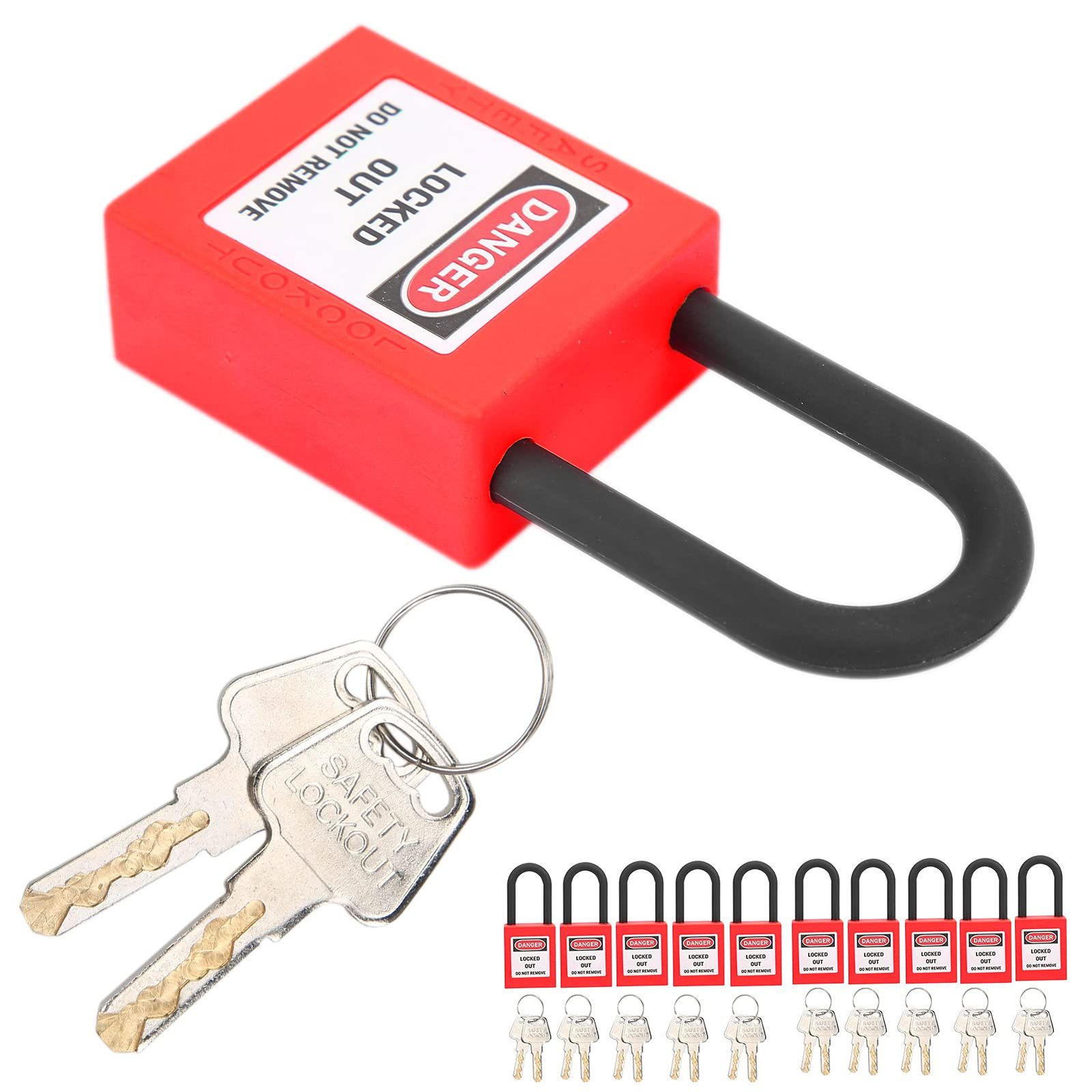 新品 10セットロックアウトタグアウト安全南京錠セット、38mm幅ロックナイロン南京錠ロックアウト鍵付き南京錠、ロックアウトタグアウトステーションおよびデバイス用の安全南京錠、エンジニアリング絶縁セキュリティツール(赤)