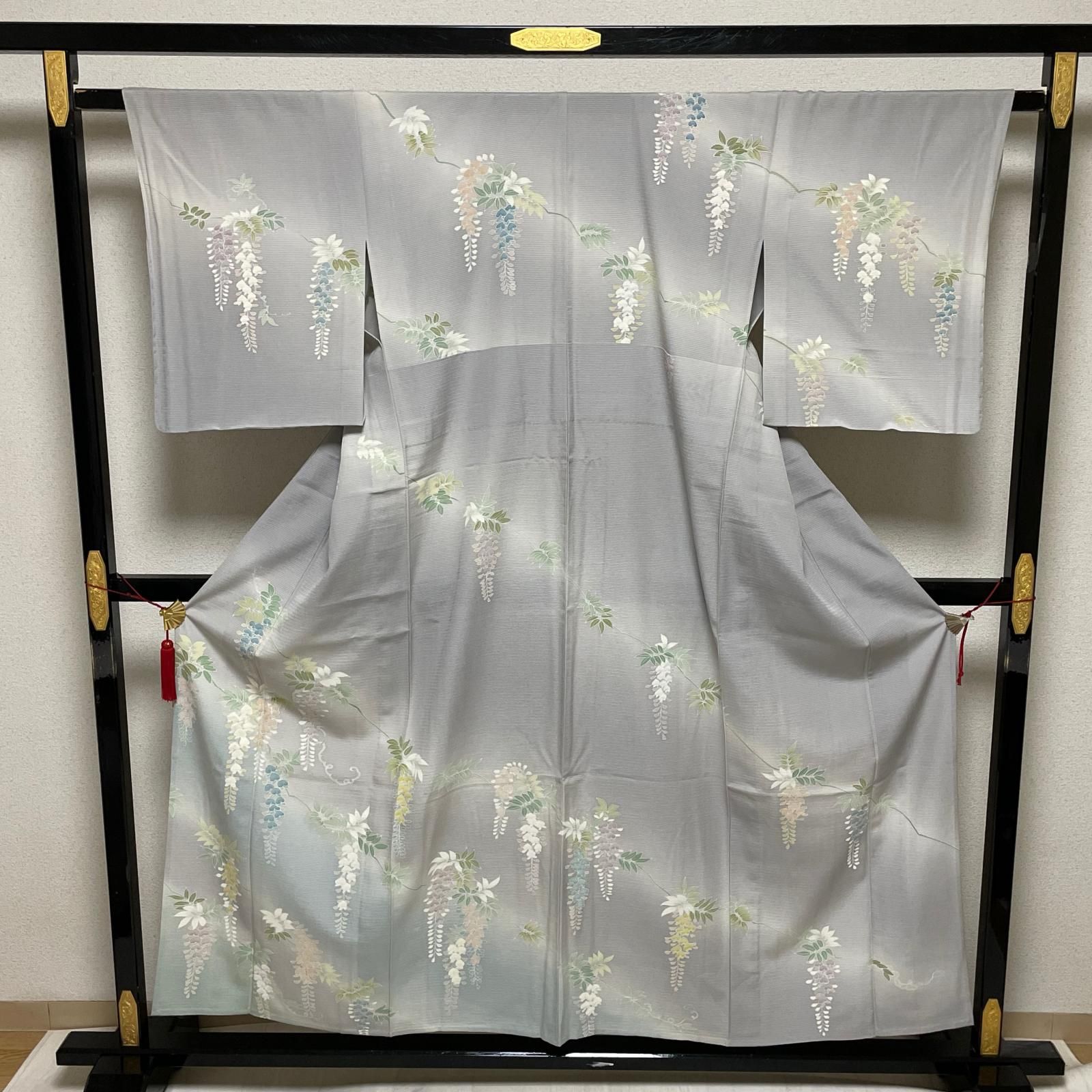 小紋 絽ちりめん 藤の花 上品な染め 着物 正絹 X-2576