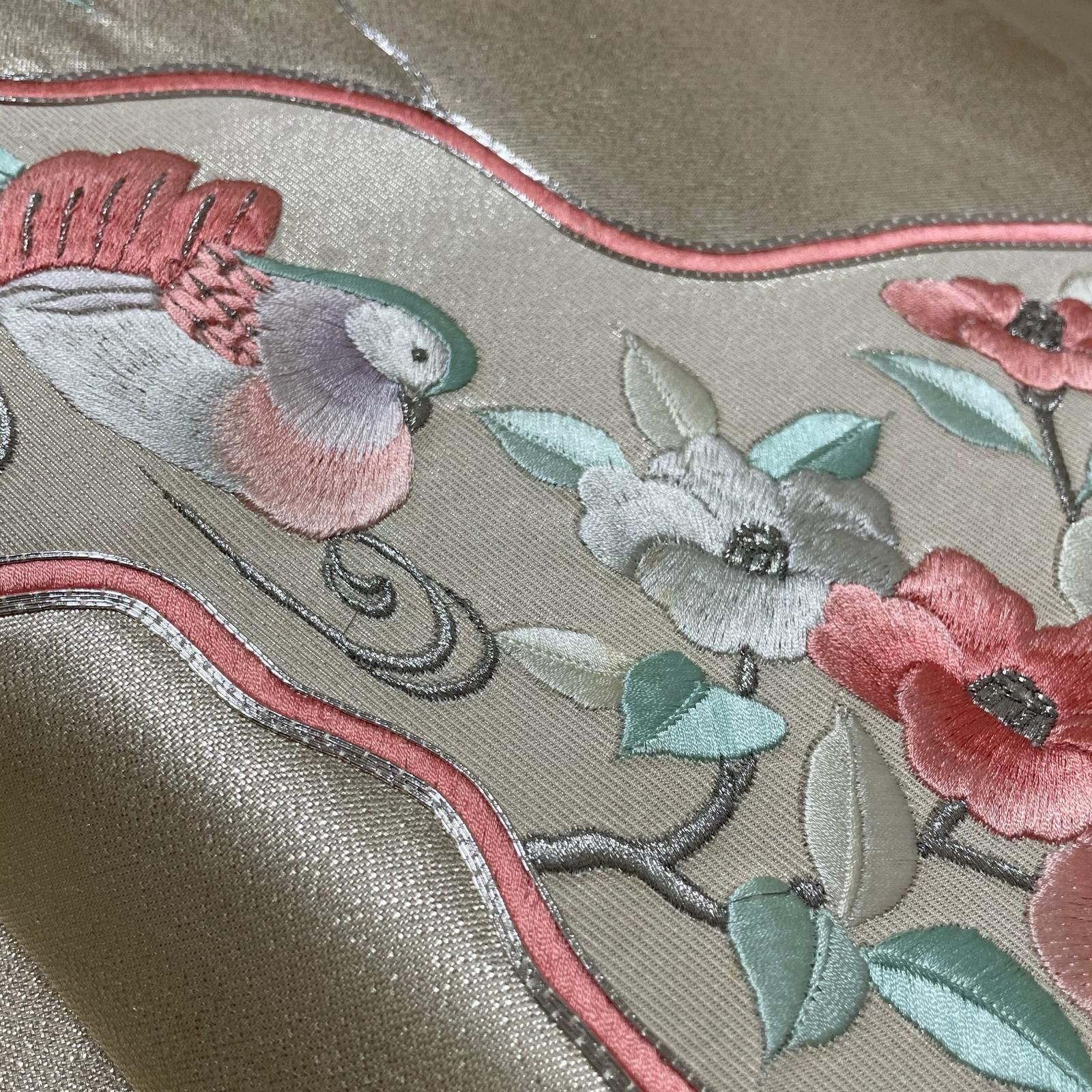 名古屋帯 刺繍 花模様におしどり 九寸 正絹 着物 X-2620