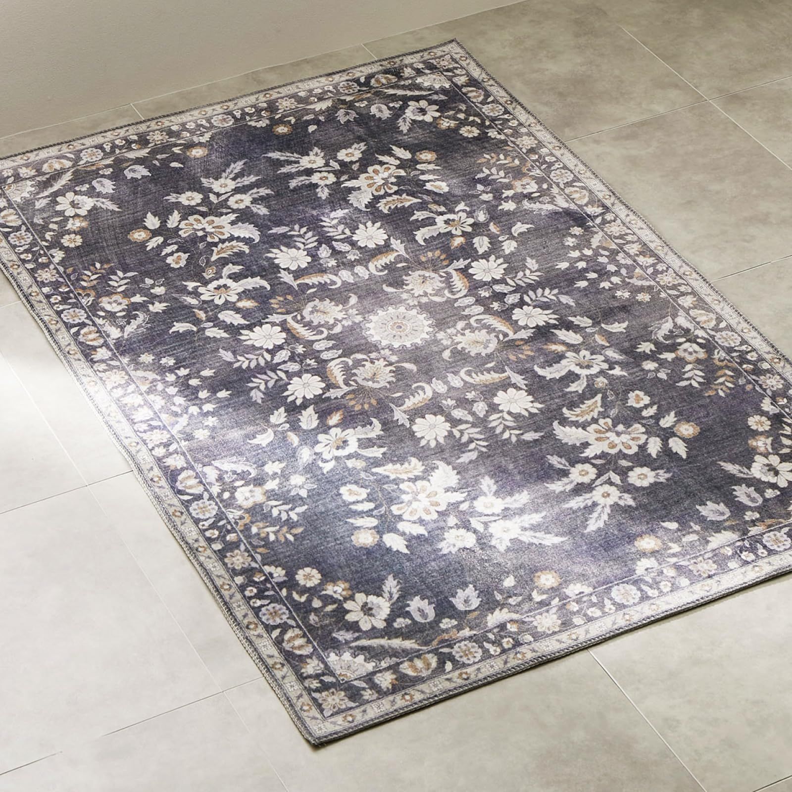 新品 萩原 ラグ グレー 約130×190cm 「レーナ」 転写ラグ 洗える 滑りにくい加工付き アンティーク調