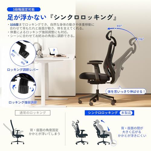FLEXISPOT オフィスチェア デスクチェア C5 多機能調節 ロッキング機能 固定可能 強弱調節可能 2Dランバーサポート メッシュ素材 肉厚座面 3Dアームレスト 2Dヘッドレスト 在宅勤務 (ウレタン, ブラック)ｍａ