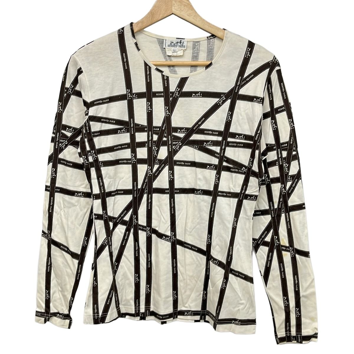 HERMES(エルメス) 長袖Tシャツ サイズL レディース - アイボリー×ダークブラウン クルーネック/ボルデュックリボン柄