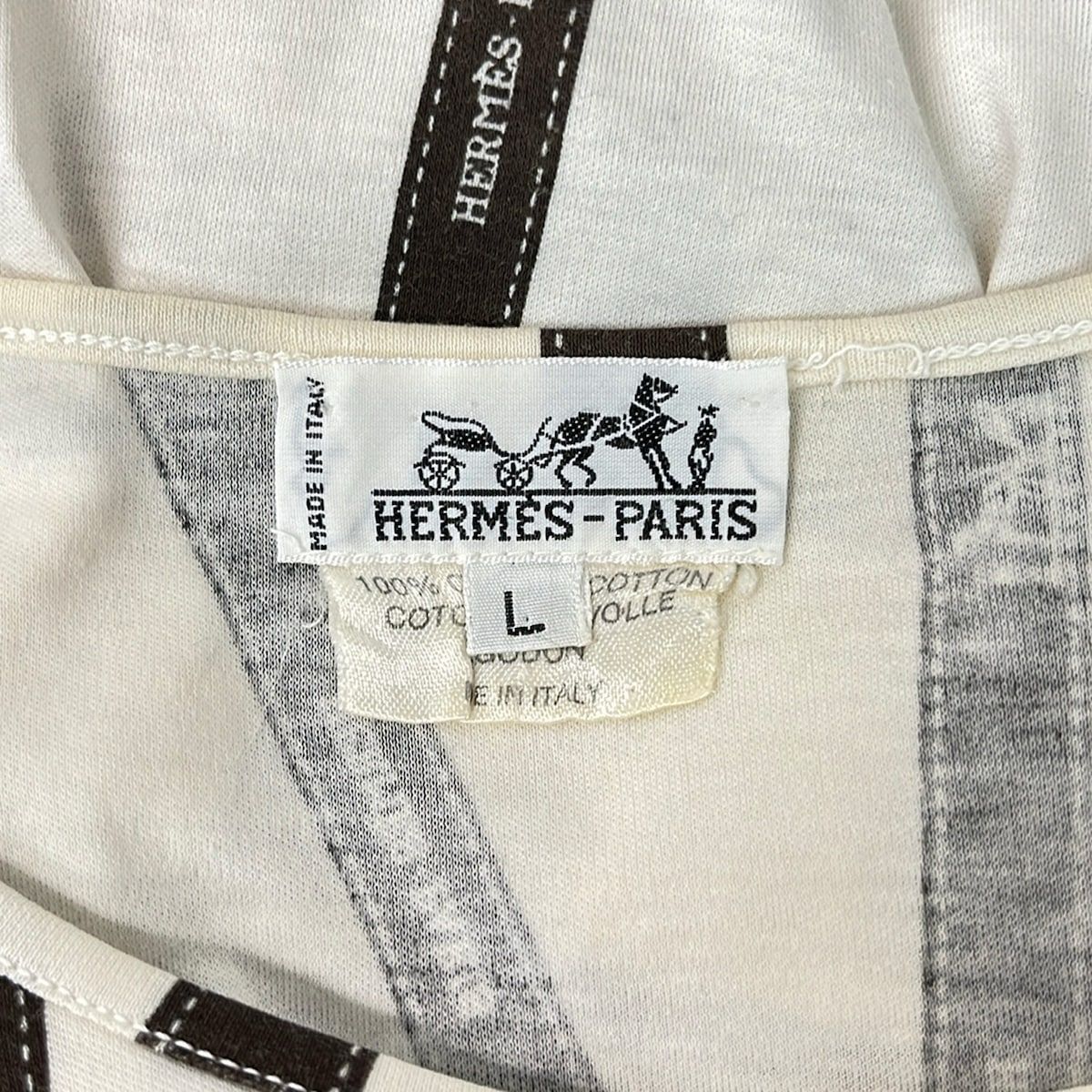 HERMES(エルメス) 長袖Tシャツ サイズL レディース - アイボリー×ダークブラウン クルーネック/ボルデュックリボン柄
