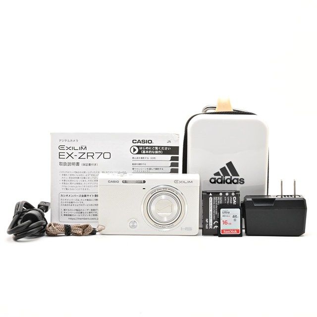 <美品> CASIO EXILIM EX-ZR70WE ホワイト|自分撮り対応コンパクトデジタルカメラ|チルト液晶|メイクアップ&セルフィーアート|動作良好|16GBカード・ポーチ付属|極上美品