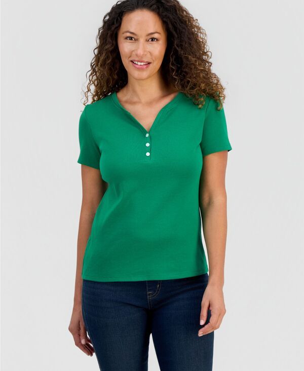 スタイルアンドコー レディース トップス シャツ 半袖 コットン Style Co WomenshortSleeve Cotton Henley Top Clover Leaf