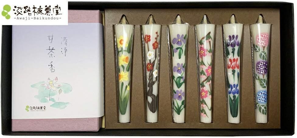 Awaji Baikundoの3号花ろうそくIncense Sticksセット 清浄甘茶香25ｇと手書き絵ローソク6本セット（前半） 手描き お供え物 49日法
