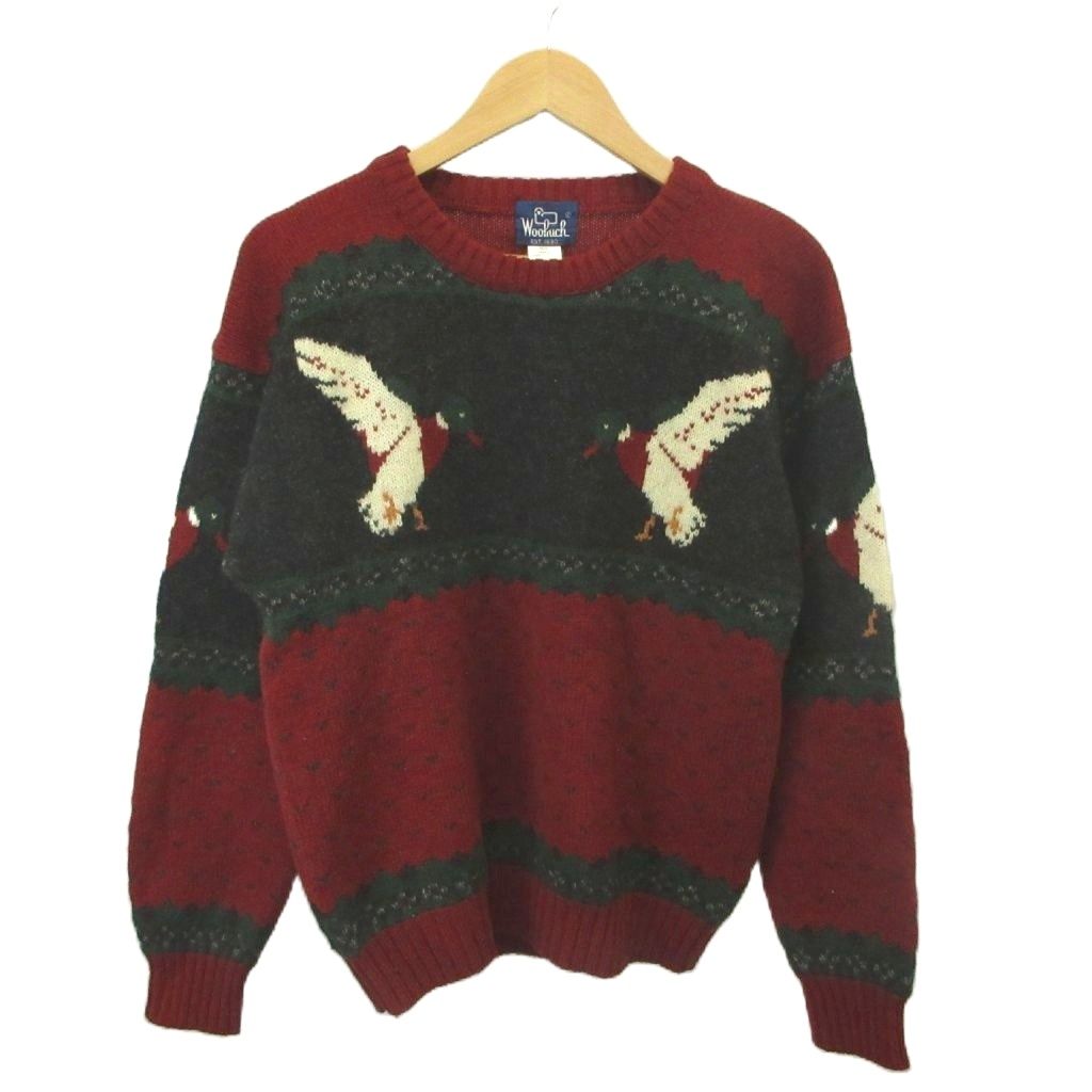 ウールリッチ WOOLRICH ニット セーター ウール S 赤 レッド マルチカラー カモ柄 クルーネック 長袖 /KK ■ECD004
