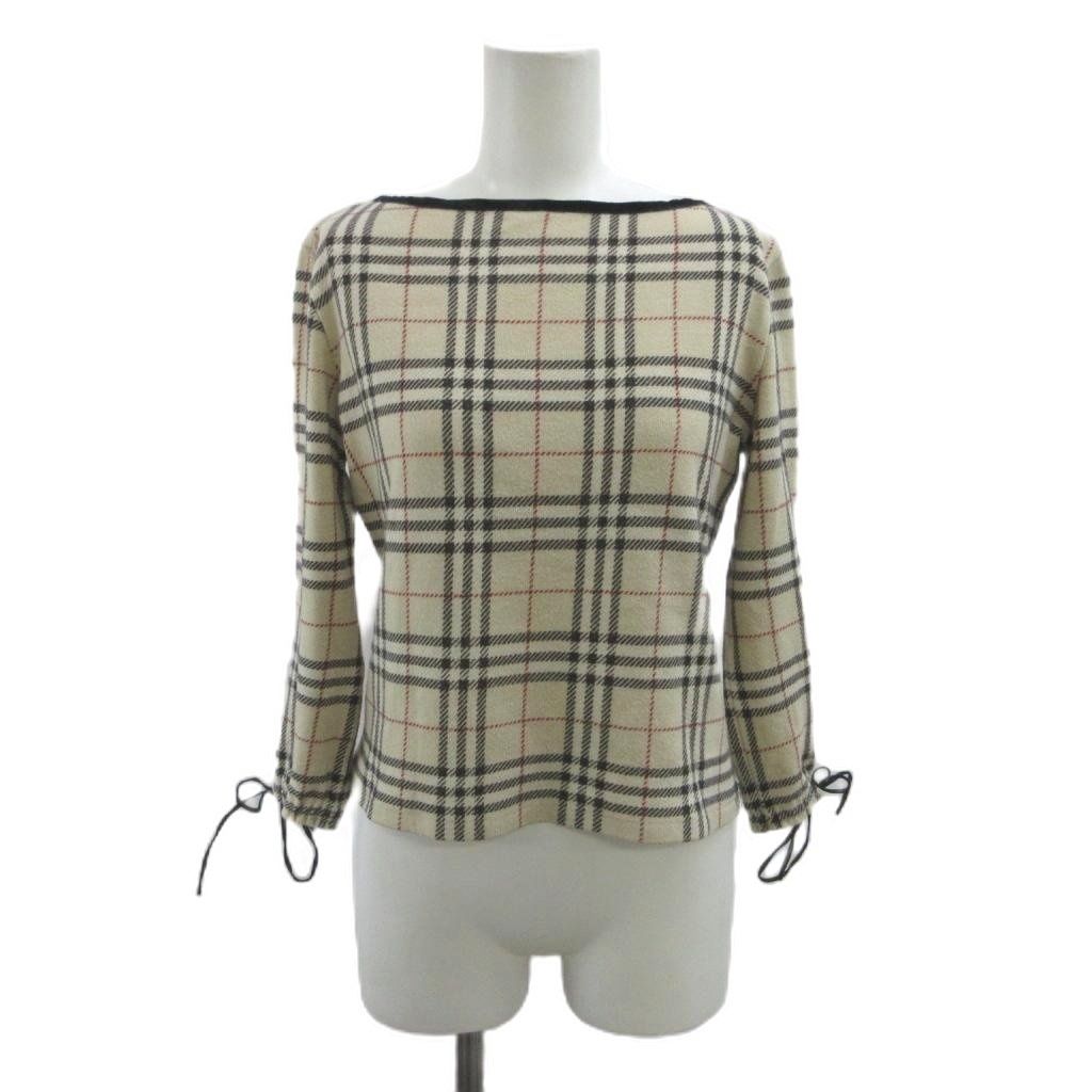 バーバリーブルーレーベル BURBERRY BLUE LABEL カットソー M ベージュ 黒 ブラック チェック柄 ボートネック 長袖 /NP ■ECD004