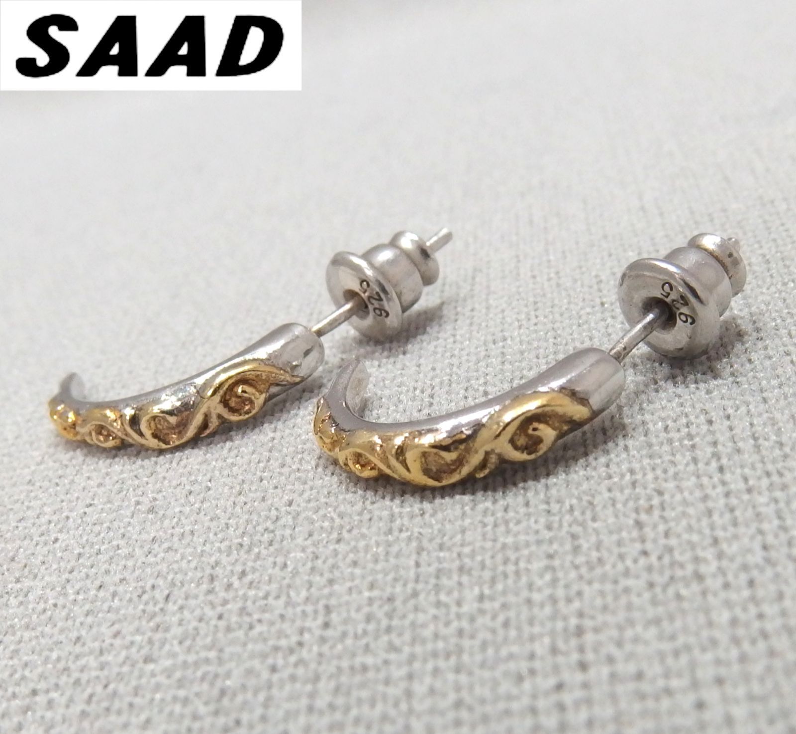 SAADピアスK24ゴールドプレート シルバー925 フープピアス 美品☆SAAD アラベスク SV925 シルバー K24GP ゴールドプレート ピアス