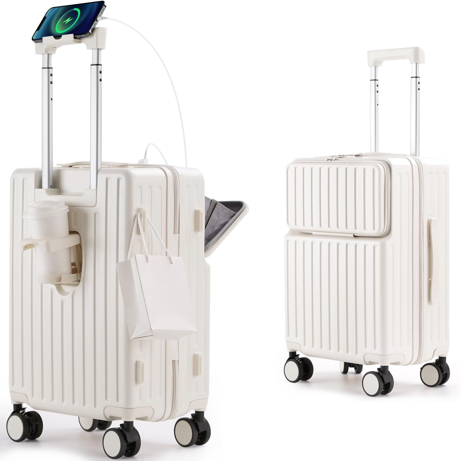 多機能キャリーケース 超軽量 耐衝撃 前開き 機内持ち込み キャリーバッグ USBポート付き 360度回転 スーツケース ダブルキャスター 軽量 スーツケース 旅行 ビジネス 出張 フロントオープン ホワイト Mサイズ 8,348円
