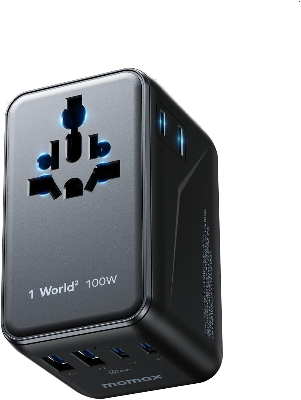 【最新改良型・より小さい!】 MOMAX 変換プラグ PD 100W GaN 急速充電 全世界対応 6台同時充電 2*PD USB-C+2*QC USB-A 海外用コンセント 2個AC差込口