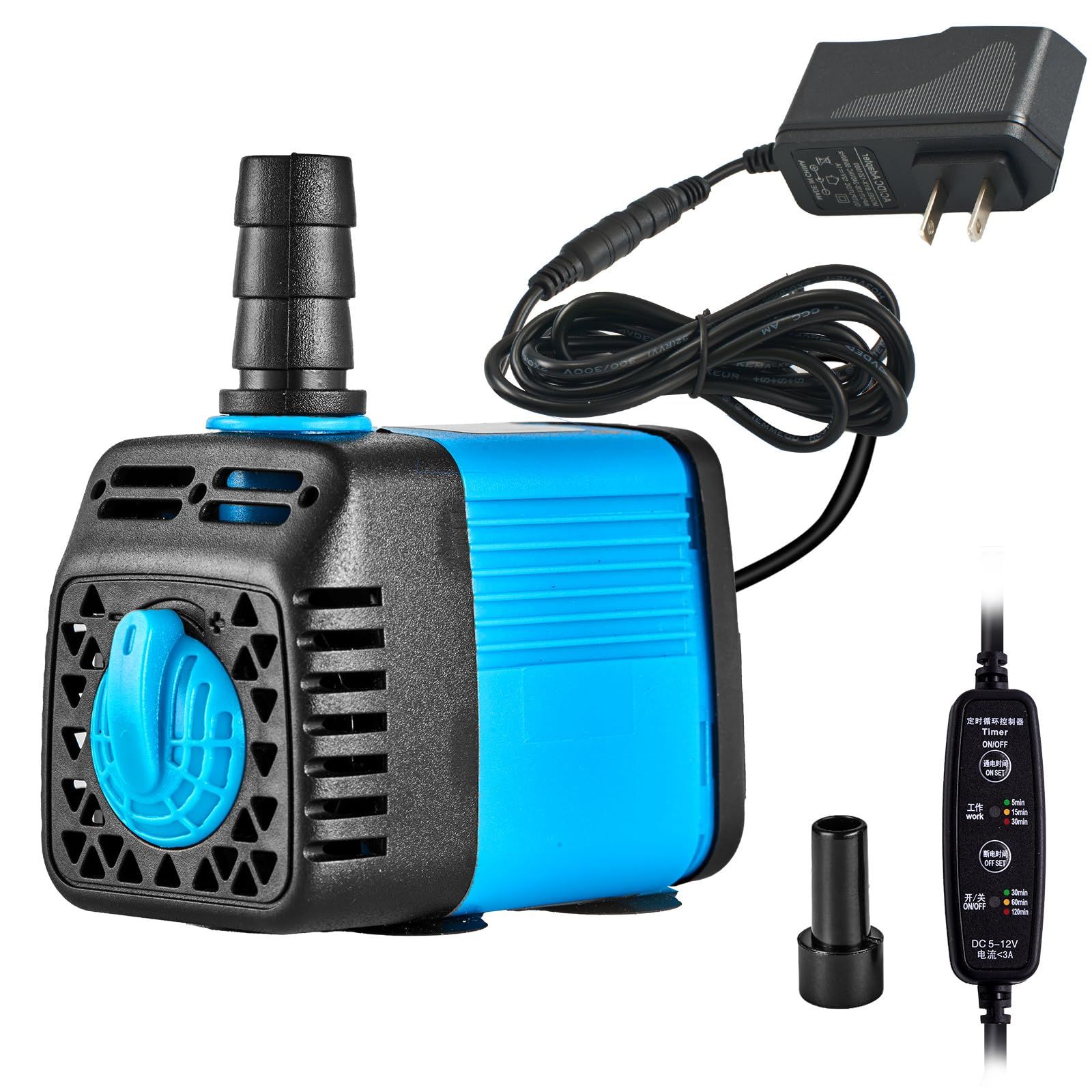 LAPONDアップグレード版160 GPH水中ポンプ、タイマー付き（600L/H、12V、7W）、最大揚程1.6m、水耕栽培用ポンプ、循環ポンプ、2つのノズル付き、水槽、噴水、池、水族館、彫像、水耕栽培に適用as f08bc40c