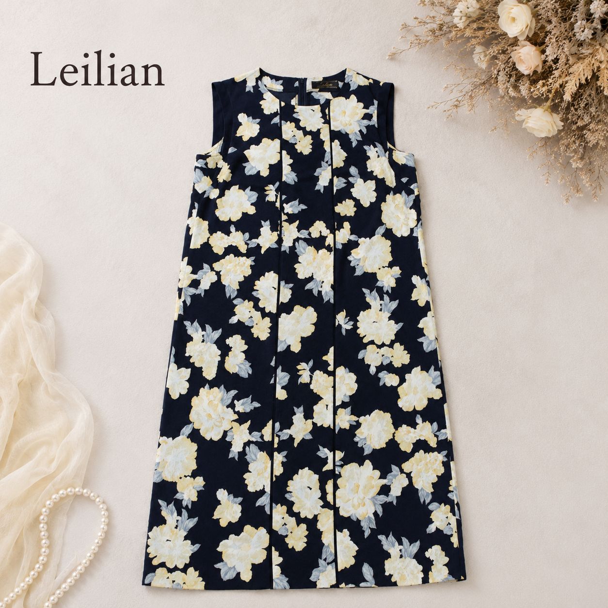 leilian レリアン　花柄　ワンピース　ネイビー. Leilian レリアン♡花柄ノースリーブワンピース♡ネイビー 9号 日本製