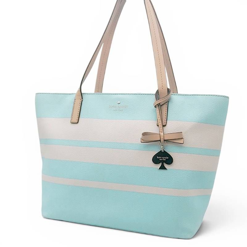 Kate Spade New York ケイトスペードニューヨーク トートバッグ ショルダーバッグ ボーダー A4収納可能 PVCレザー ブルー 水色 肩掛け 大人可愛い 通勤通学
