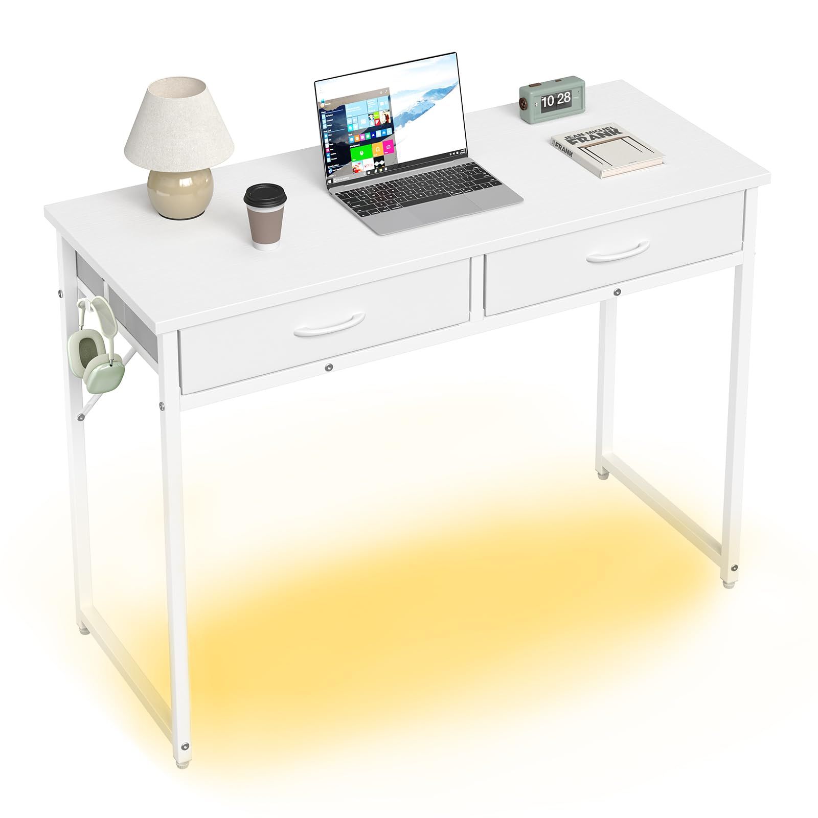 Pinmoco パソコンデスク 引き出し付き 机 pcデスク 幅106cm ゲーミングデスク LEDライト付き ワークデスク シンプル 学習机 フック付き コンパクト 省スペース 組立簡単 白いｍａ