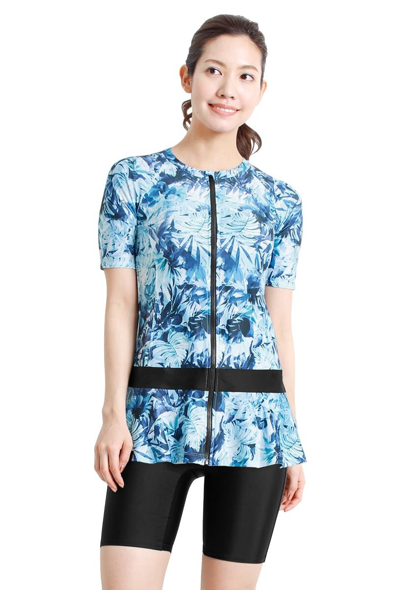 新品 [アラポラッカ] フィットネス 水着 レディース 大きいサイズ セパレート チュニック 半袖 体型カバー : ブルーボタニカル M