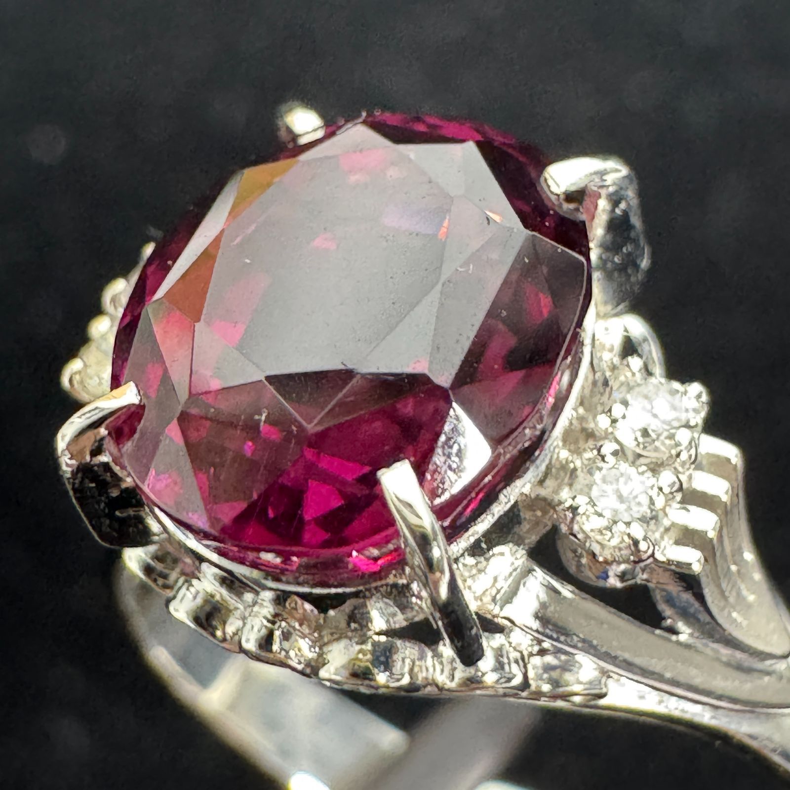 【天然ガーネット 5.21ct】Pt850 ダイヤ 0.08ct リング 19号 中央宝石研究所 鑑別書付 紫赤色 オーバルミックスカット プラチナ 指輪 一粒 大粒 ジュエリー レディース メンズ 刻印不鮮明