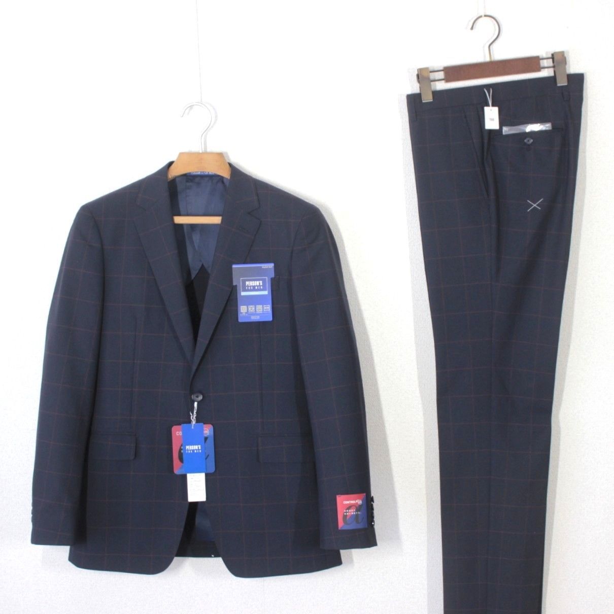 03【新品未使用】パーソンズ 春夏 洗える スーツ YA6 細身L ネイビー 紺 格子柄 セットアップ PERSON'S FOR MEN CONTROLα