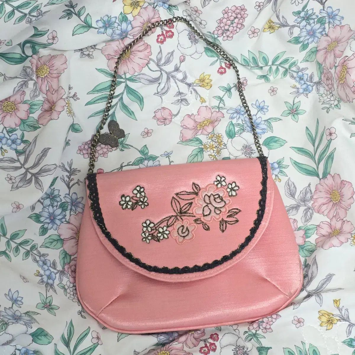 ANNA SUI 古典 日本 ヴィンテージ) 姫ギャル ロリータ ピンク ローズ 蝶 パーティーバッグ