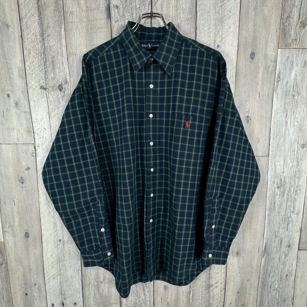 OLD Ralph Lauren 90s ラルフローレン LOWELL SPORT グリーン × ネイビー ブラックウォッチ 長袖 コットン チェック シャツ メンズ M サイズ 7,644円