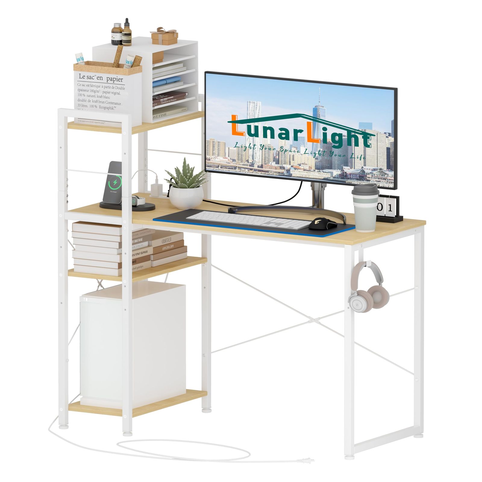 LunarLight PCパソコンデスク 机 幅110奥行48高さ110cm テレワーク用 左右組み換え自由 棚板高さ調節可能 コンセント付き ラック付きデスク 110幅収納たっぷり ゲーミングデスク オフィスデスク 書斎 収納ラック付き(ナチュラル色)ma
