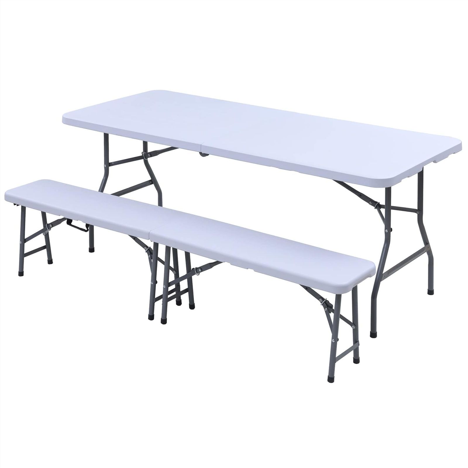 大特価　BBQ キャンプ イベント テラス お庭 YHT-1875(WH)+YHB-1828(WH) 3点セットテーブル×1点&チェア2点セット ガーデンテーブル&ベンチ ホワイト 折りたたみ ガーデンマスター(Gardenmaster)