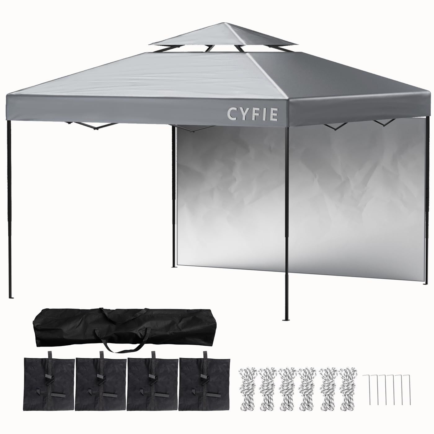 新品 CYFIE タープテント 3x3m サイドシート1枚付属 風抜けベンチレーション uvカット＆高耐水加工 高さ3段階調節 日よけ 遮熱 スチール製フレーム 組立て簡単 アウトドア キャンプ 運動会 公園 防災砂袋・ペグ・収納ケース付 グレー