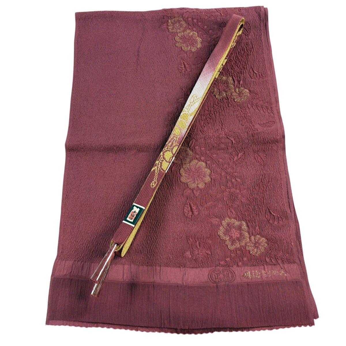 【美品】 和装セット 優品 帯締め帯揚げ2点セット 辻が花柄 金糸 赤紫 正絹 和装小物 【中古】