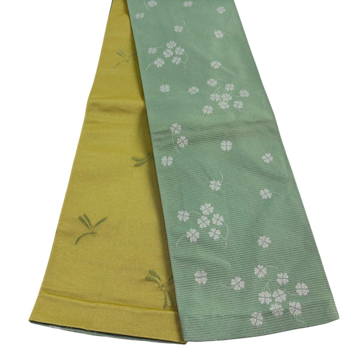 半幅帯 優品 四つ葉 薄緑 化繊 【中古】