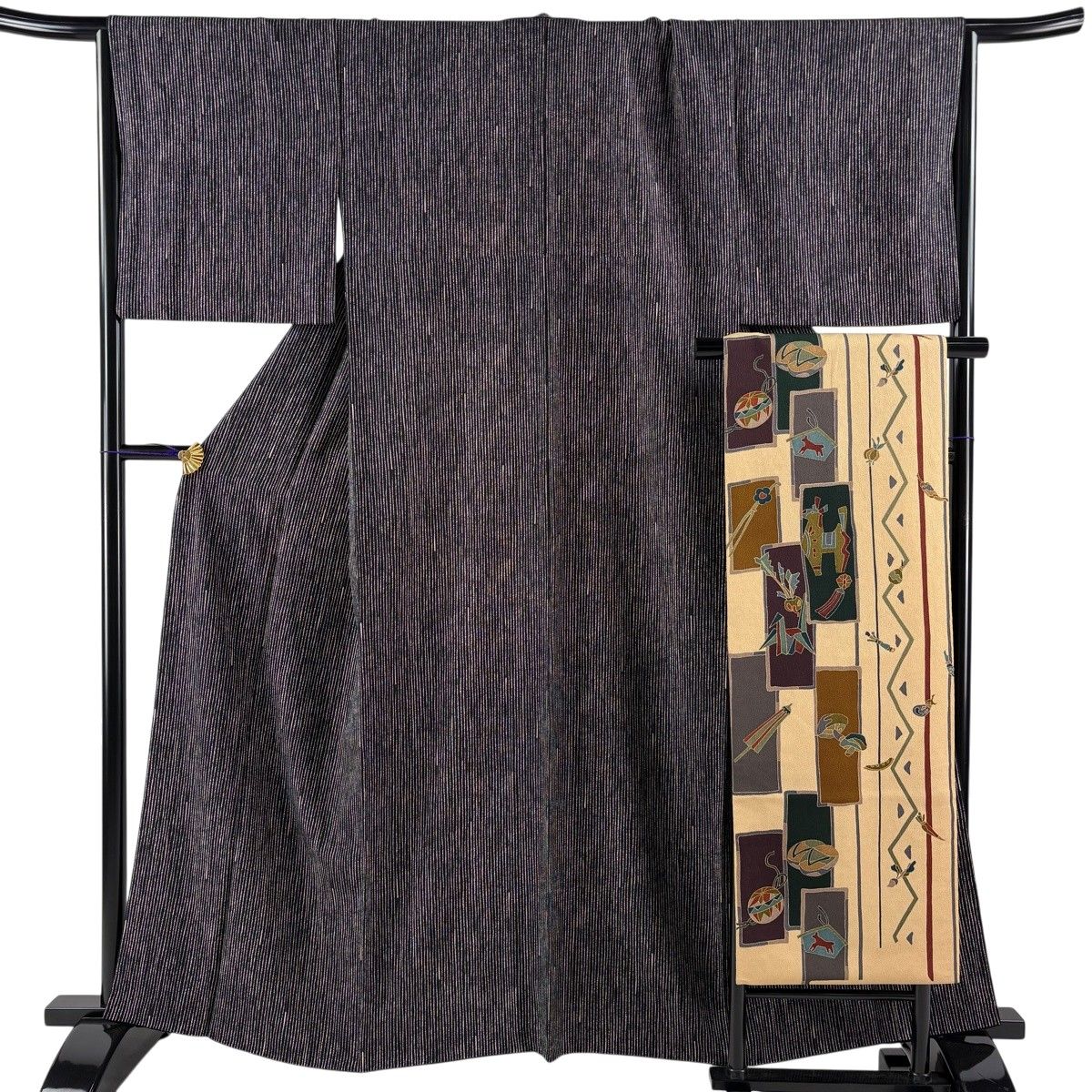 【美品】 小紋 身丈161cm 裄丈66.5cm M 袷 名古屋帯セット 縞 黒 正絹 秀品 【中古】