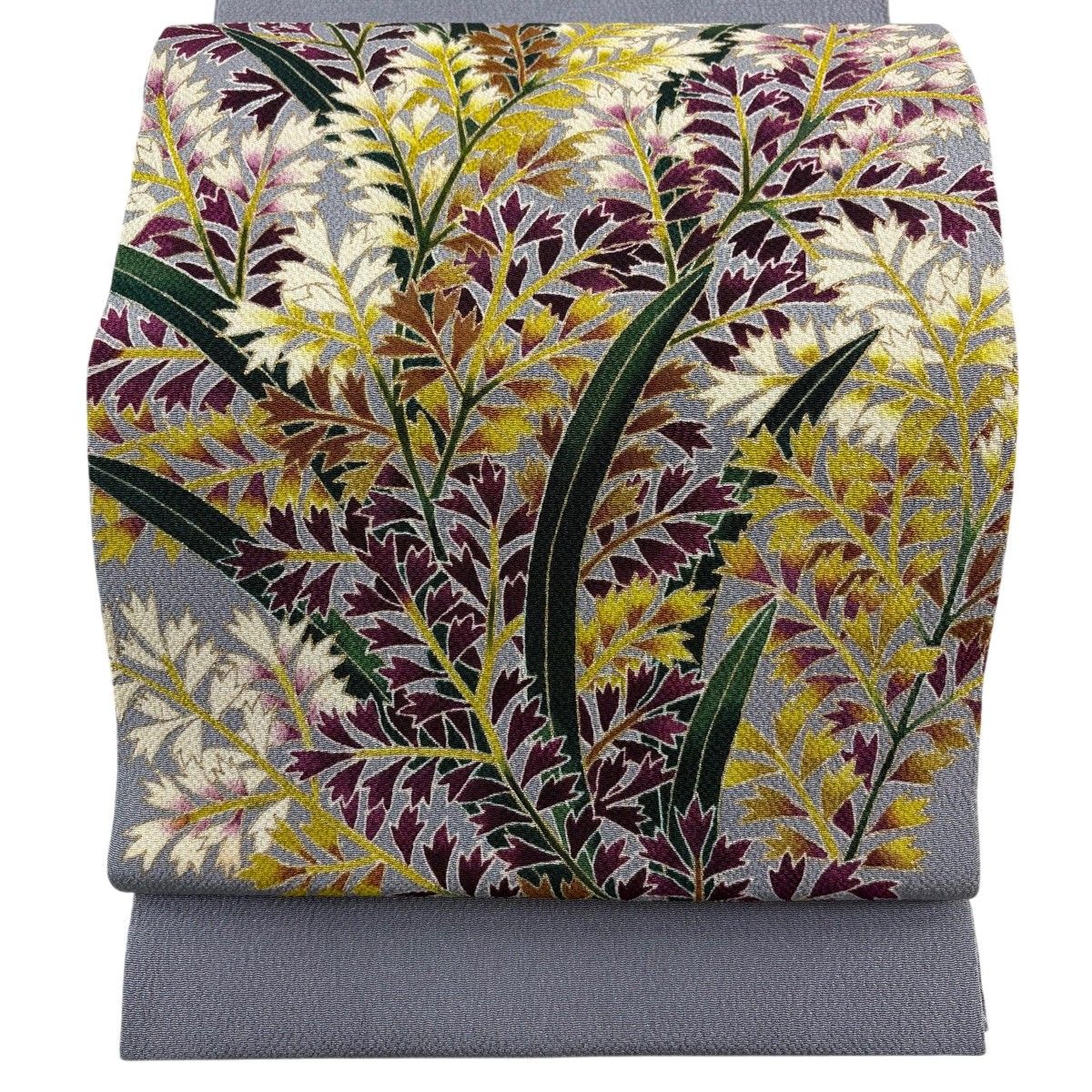 開き名古屋帯 逸品 落款 久呂田明功 草花 金彩 縮緬 灰色 正絹 【中古】