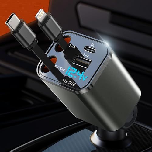 htrahy【小型･LED電圧表示】車 充電器 巻き取り式 カーチャージャー 急速充電 Type-C/USB-C/ライトニング/USB-A 4台同時使用 iphone/iPad/AQUOS/Xperia対応 DC12/24V車対応(CC030 1dba909b