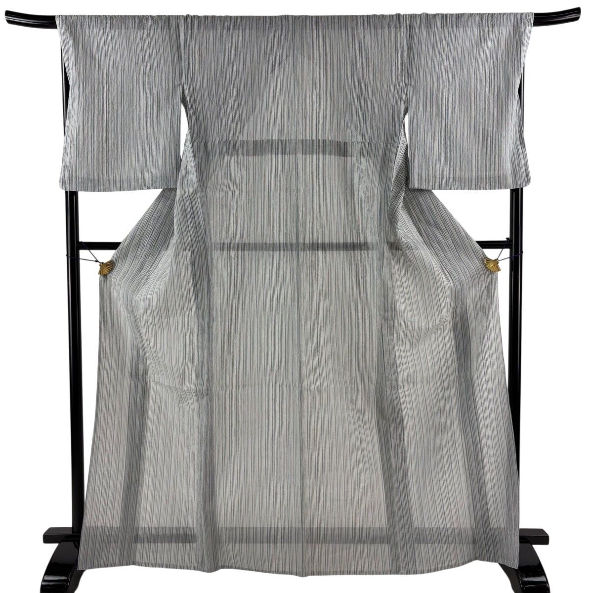 【美品】 紬 身丈168cm 裄丈68.5cm L 薄物 夏紬 小千谷ちぢみ やまと 証紙 縞 青灰色 麻 逸品 【中古】