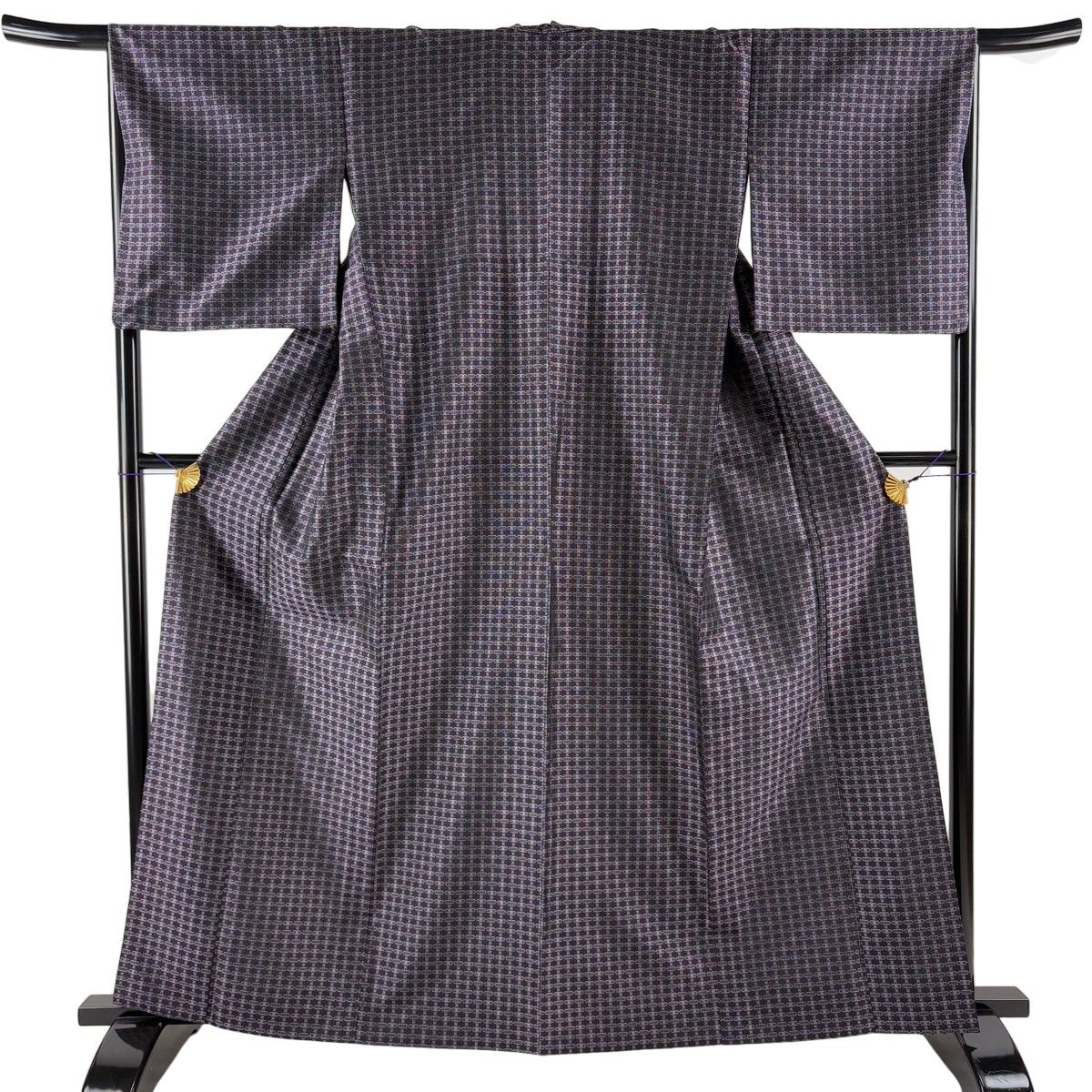 【美品】 お召 身丈162.5cm 裄丈66.5cm M 単衣 幾何学模様 濃紫 正絹 逸品 【中古】