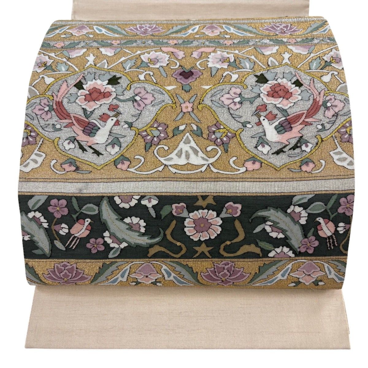 袋帯 逸品 鳥 草花 金銀糸 金色 お太鼓柄 正絹 【中古】