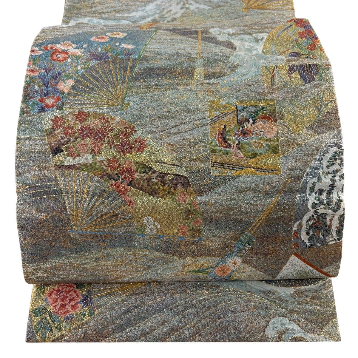 丸帯 逸品 宗逹派屏風絵図 扇 本金箔 金糸 青灰色 お太鼓柄 正絹 【中古】