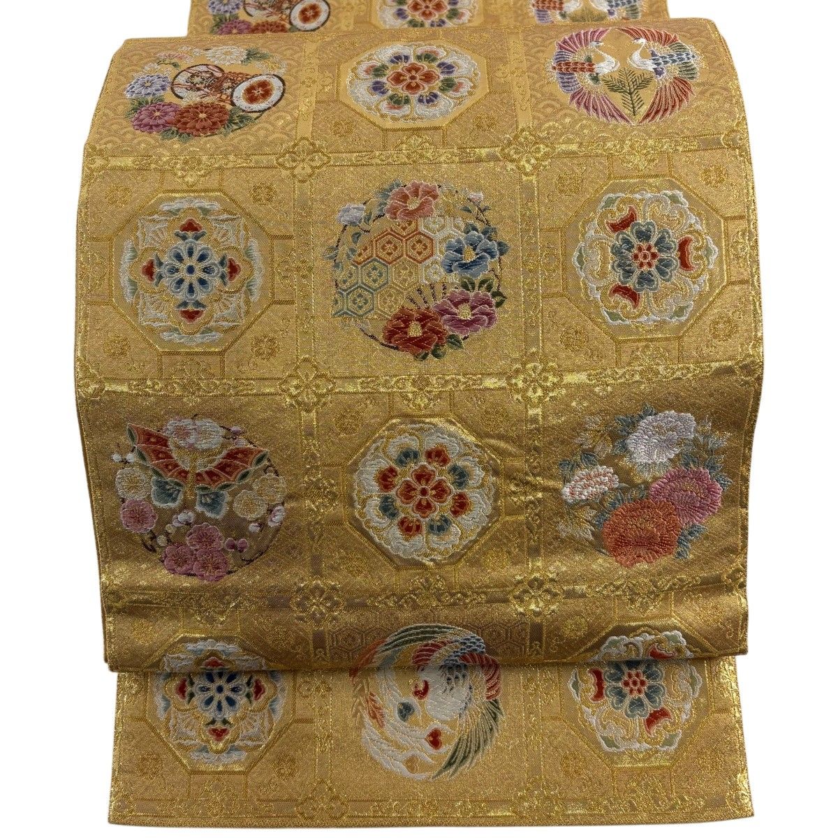 【美品】 袋帯 逸品 長嶋成織物 落款 瀞金錦 慶長名織文 関西仕立て 格天井 花丸文 箔 金銀糸 金色 六通 正絹 【中古】