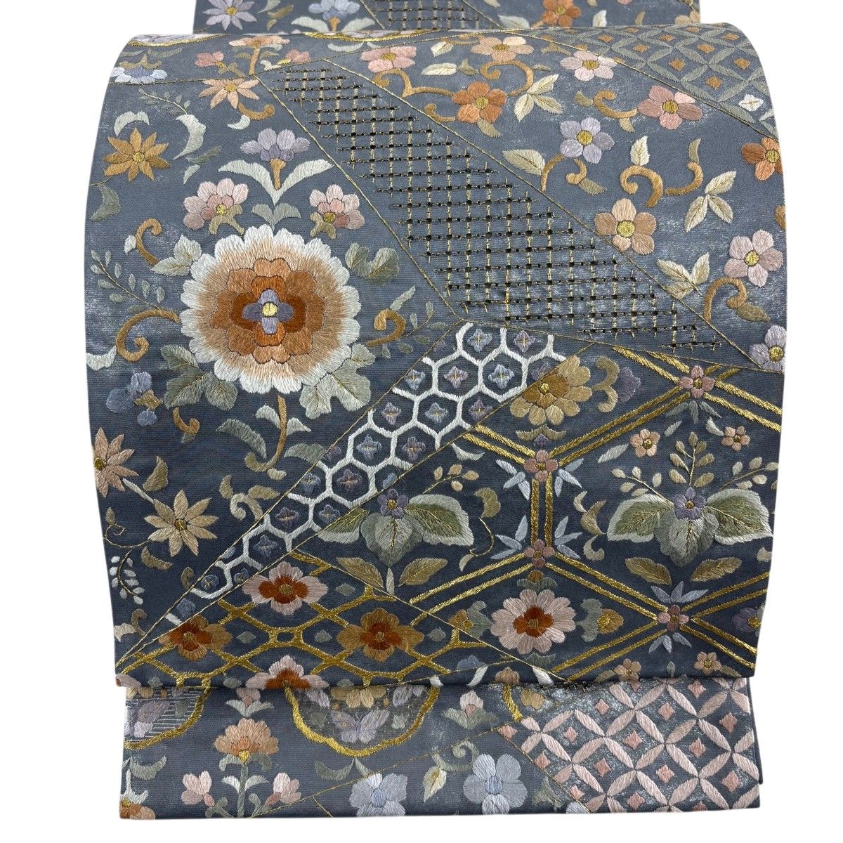 【美品】 袋帯 逸品 菊唐草 亀甲 箔 刺繍 青灰色 六通 正絹 【中古】