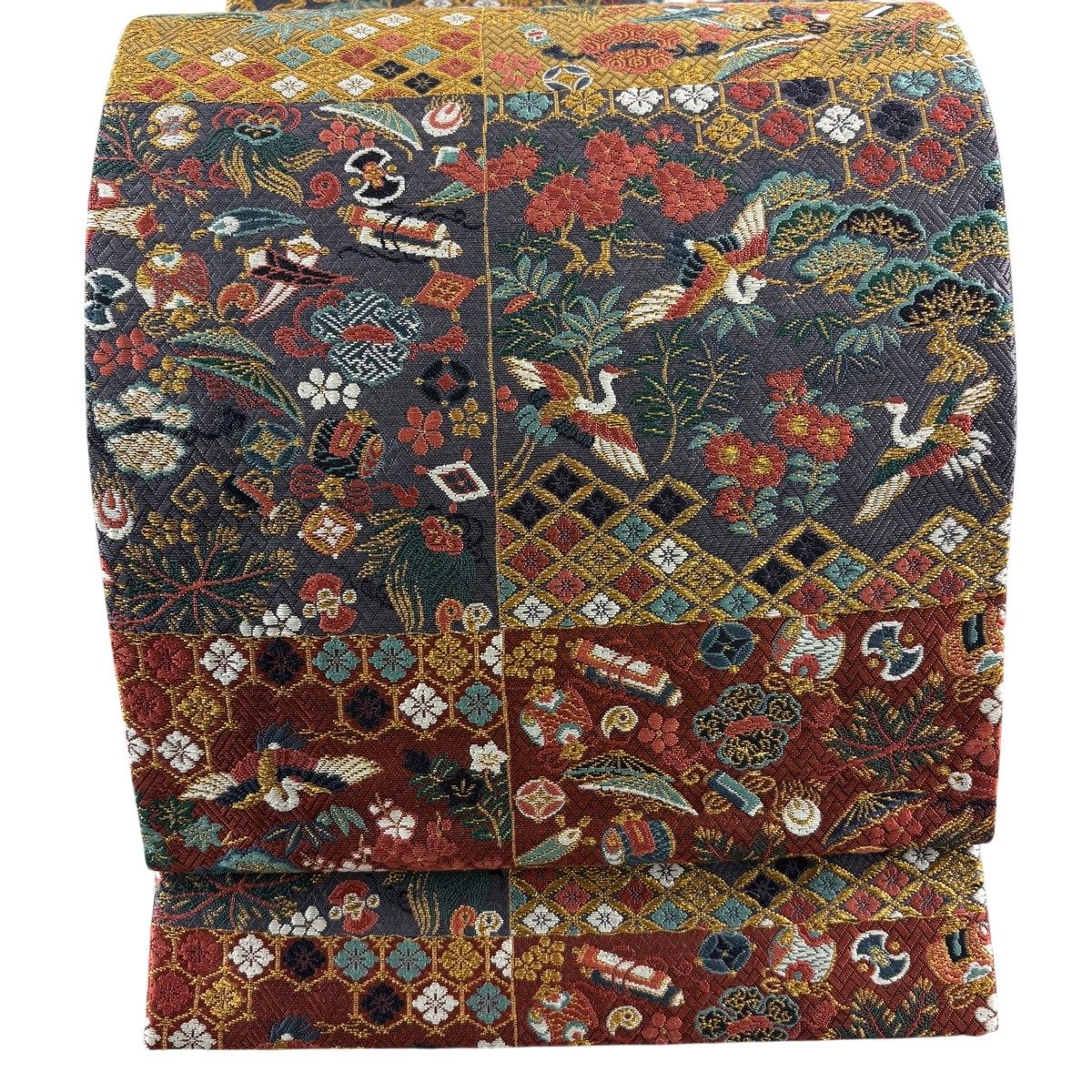 【美品】 袋帯 逸品 宝尽くし 松竹梅 金糸 刺繍 えんじ色 六通 正絹 【中古】