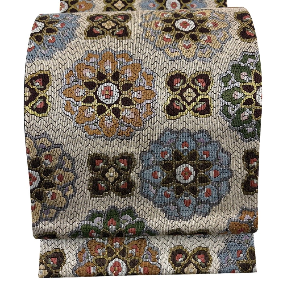【美品】 袋帯 逸品 華文 絽刺し 金銀糸 ベージュ 全通 正絹 【中古】